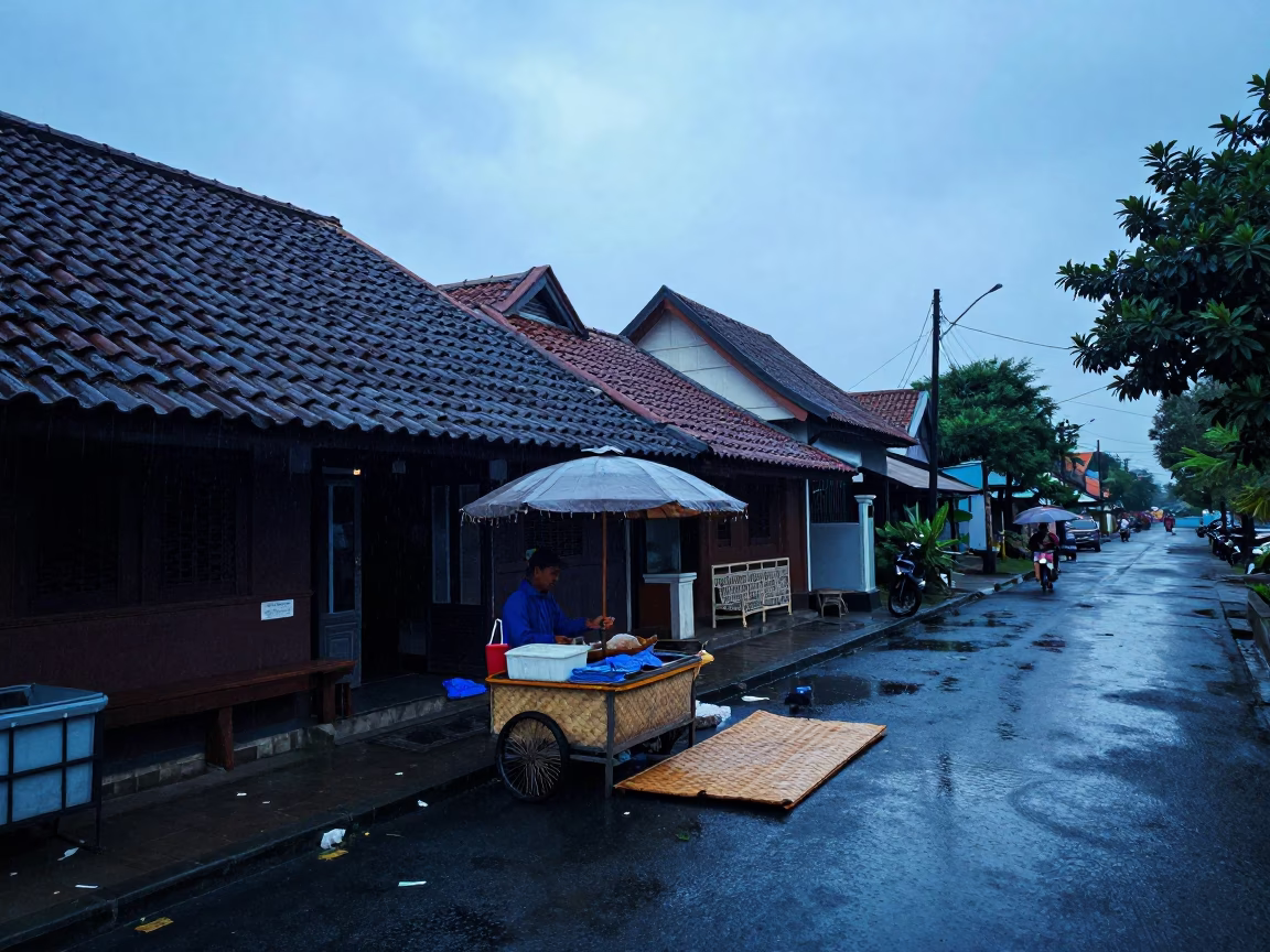 Dawn Street Vendor in Yogyakarta with Woven Mats and Rain Boots in in Yogyakarta, Indonesia