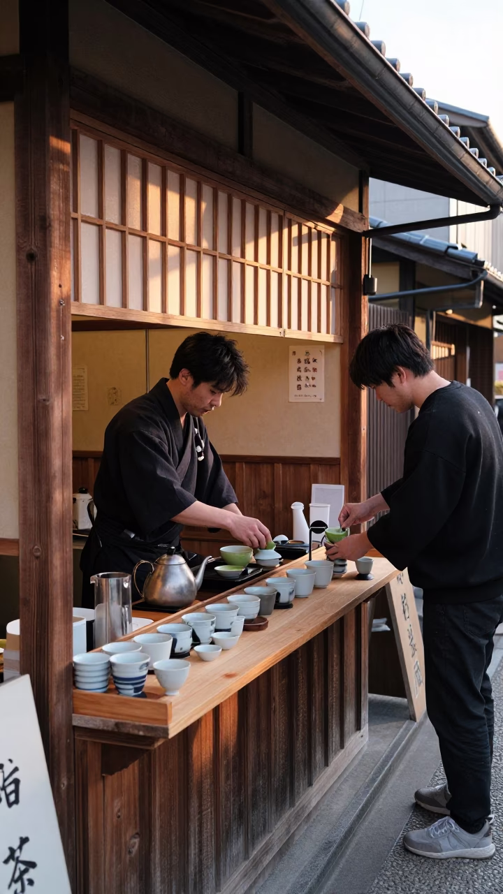 Dawn street vendor preparing matcha tea in traditional Osaka shop front in in Osaka, Japan