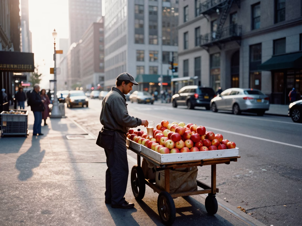 Dawn street vendor selling fresh apples and glass bottles on New York City sidewalk in in New York, New York, United States