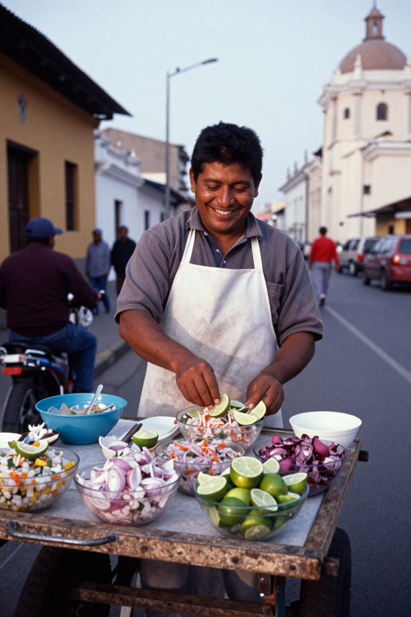 Dawn street vendor selling fresh ceviche in Lima Peru in in Lima, Peru