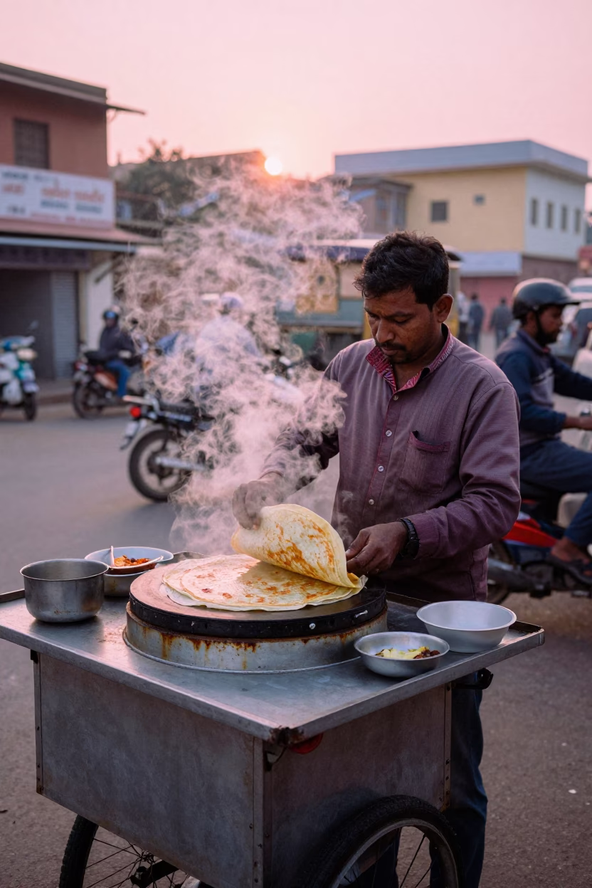 Dawn Street Vendor Selling Jianbing Crepe in Jaipur India in in Jaipur, India