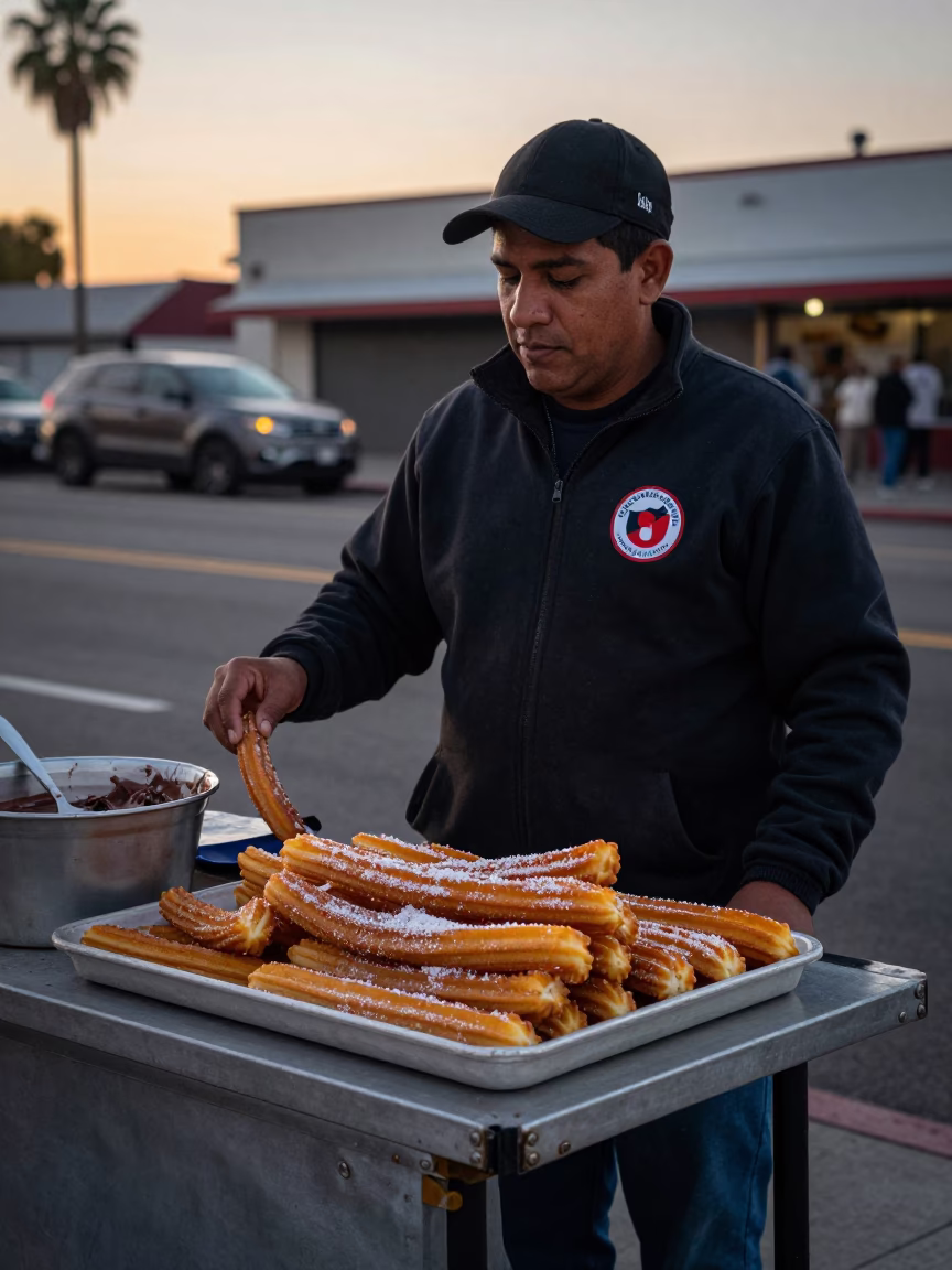Dawn Street Vendor Serving Churros and Chocolate in Los Angeles Before Sunrise in in Los Angeles, California, United States