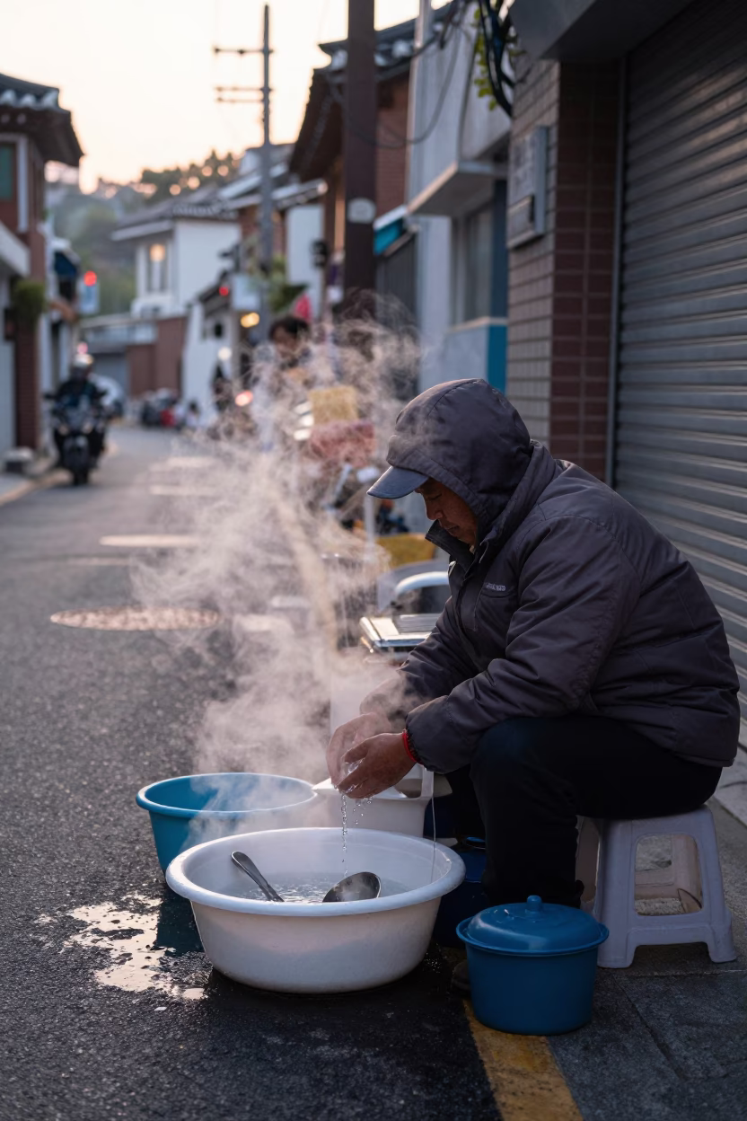 Dawn street vendor with steam and wash basin in Seoul South Korea in in Seoul, South Korea