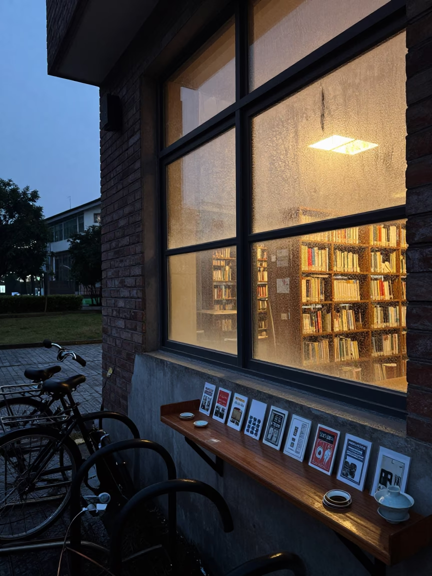 Dawn Study Carrel Fuzhou Library Windows in beside campus bike racks at dawn in Fuzhou