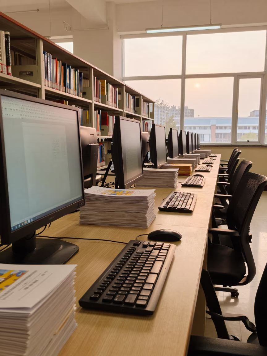 Dawn Study Row in Fuzhou Campus Library in inside a campus library reading room in Fuzhou