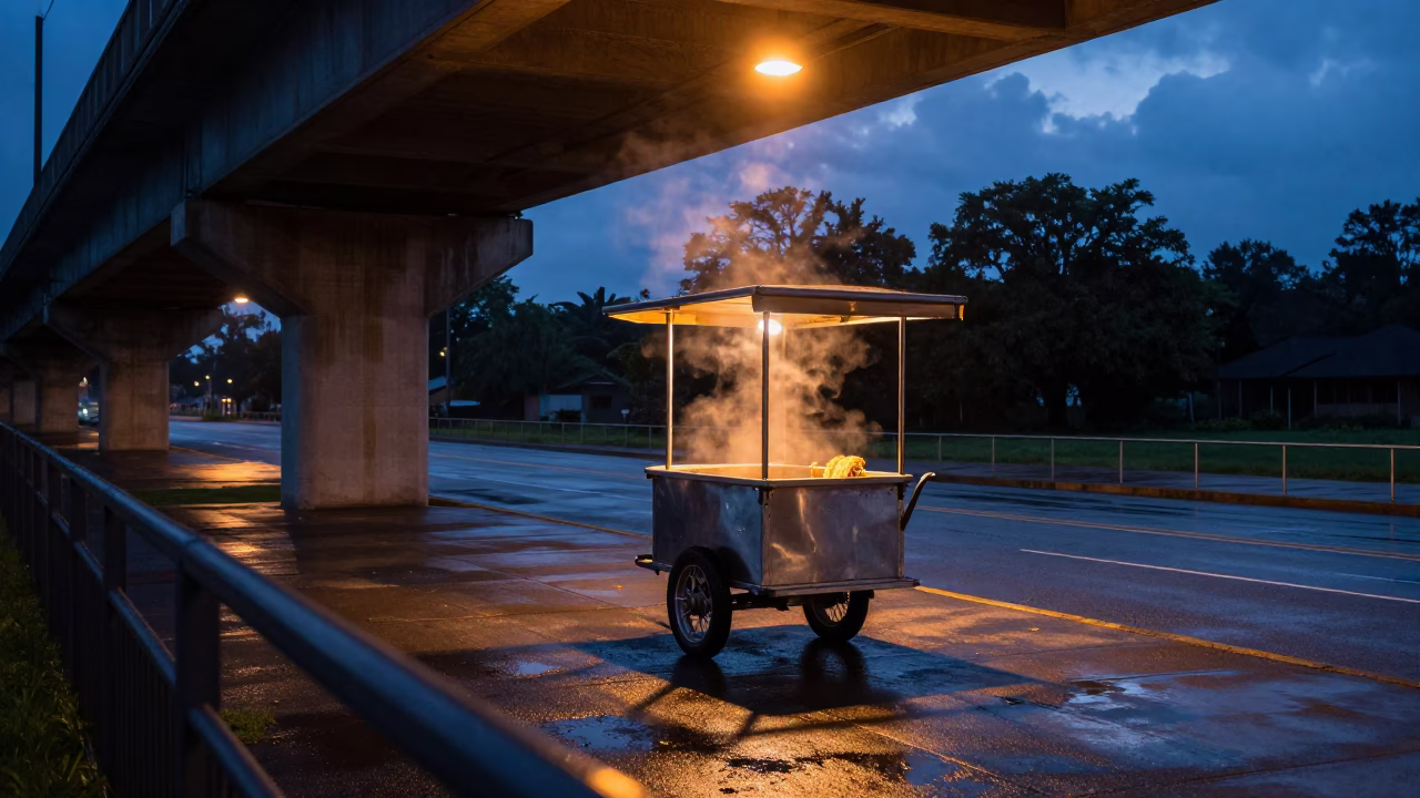 Dawn Taco Cart Under Flickering Light in Ikere in beneath a flickering underpass light in Ikere