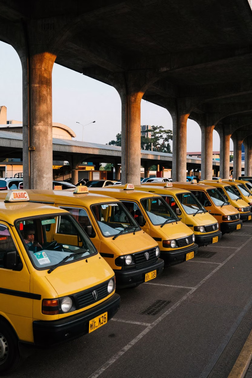 Dawn Taxi Rank at Nairobi Terminus with Yellow Matatus and Urban Infrastructure in in Nairobi, Kenya