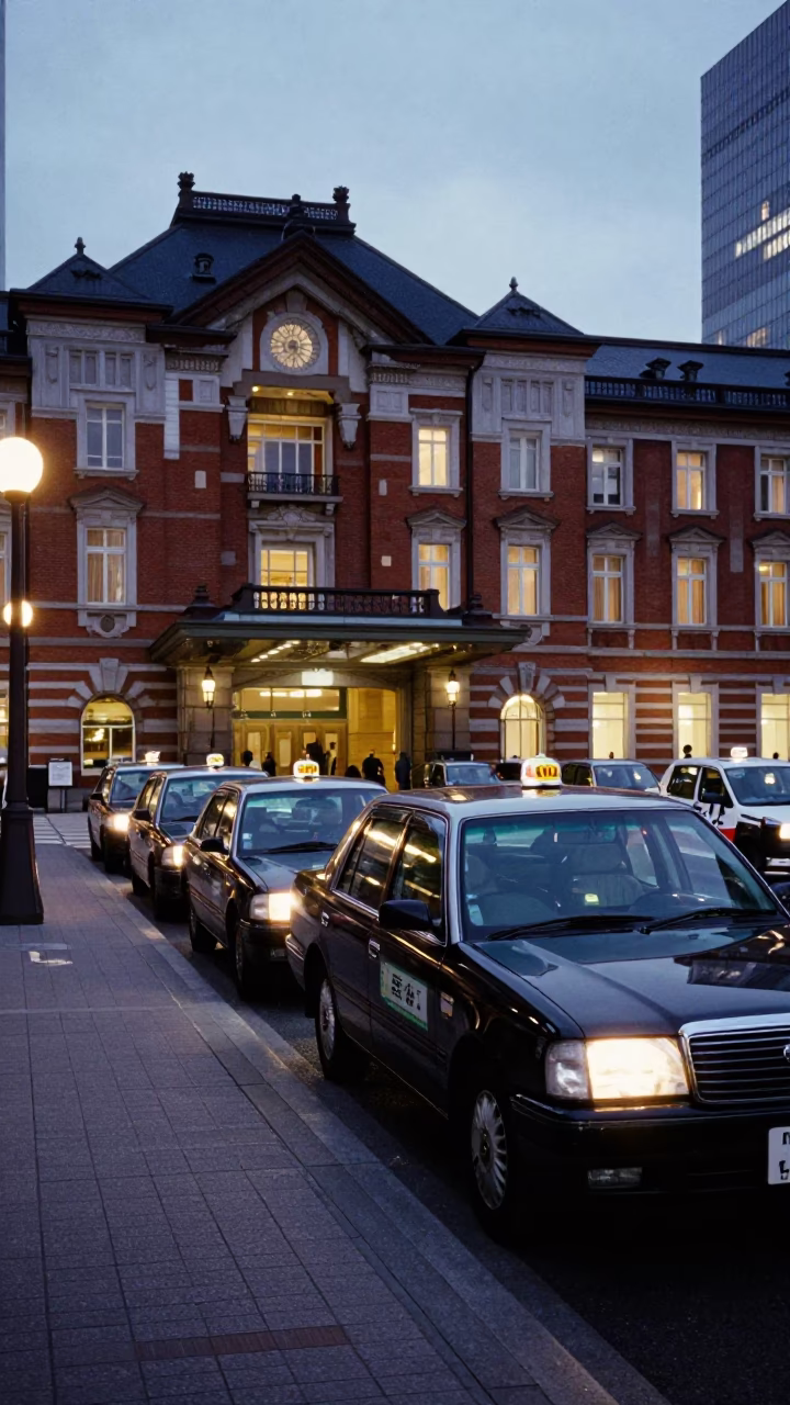 Dawn Taxi Rank Outside Tokyo Station With Waiting Vehicles And City Lights in in Tokyo, Japan