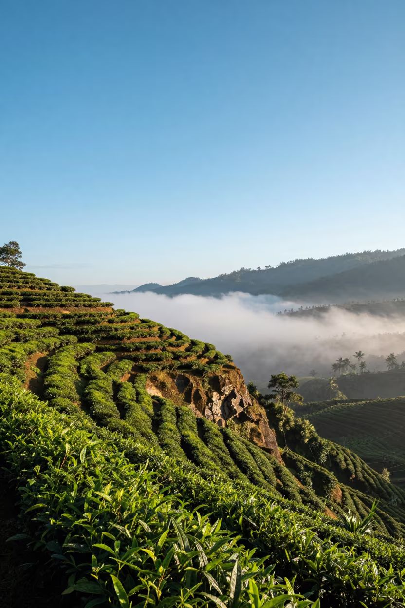 Dawn Tea Plantation Cliff Over Cloudy Valley in among terraced rice paddies in Maldives