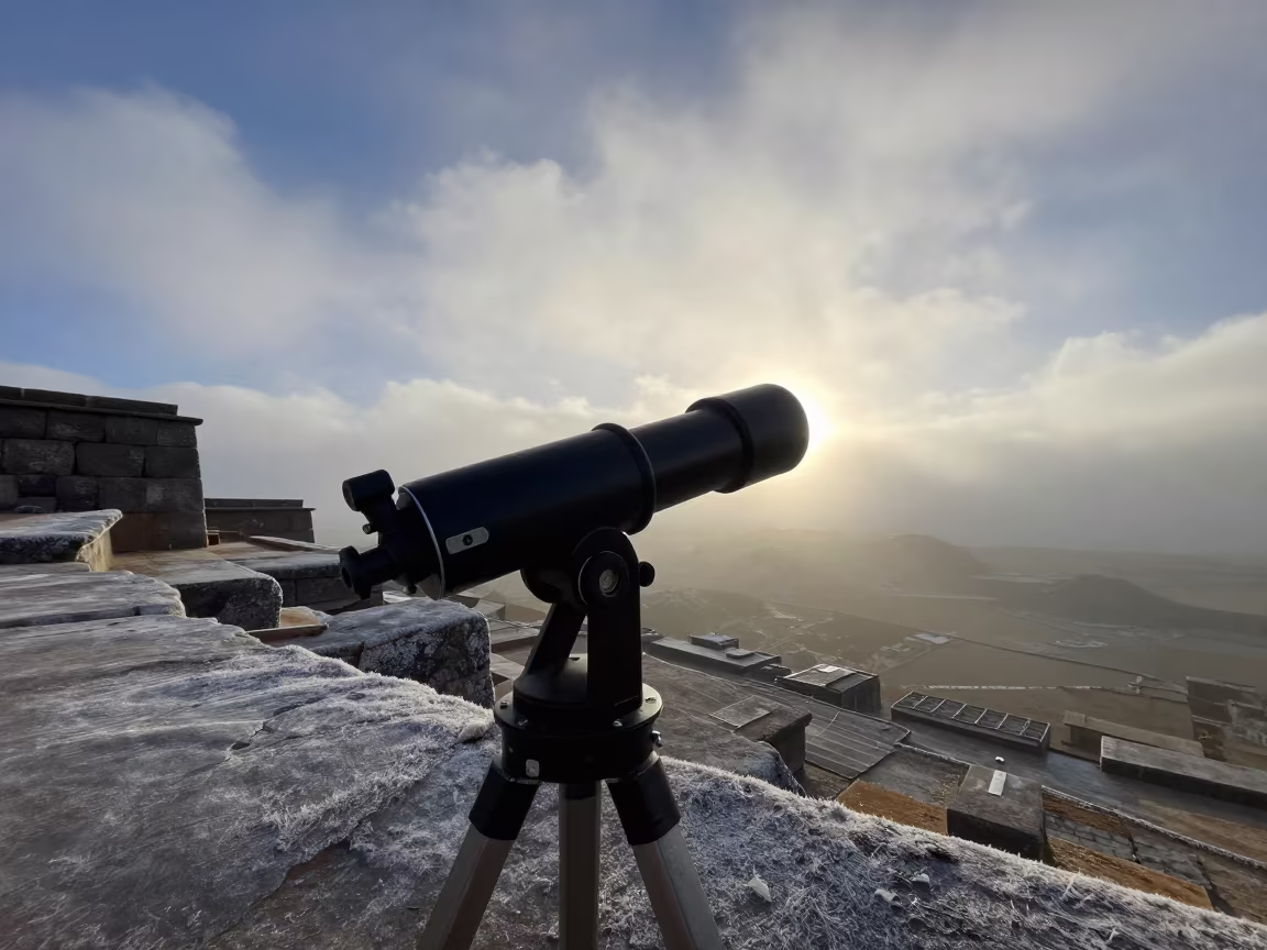 Dawn Telescope Over Frosty Ridge Sacsayhuaman in along a rocky geology outcrop in Sacsayhuaman, Cusco