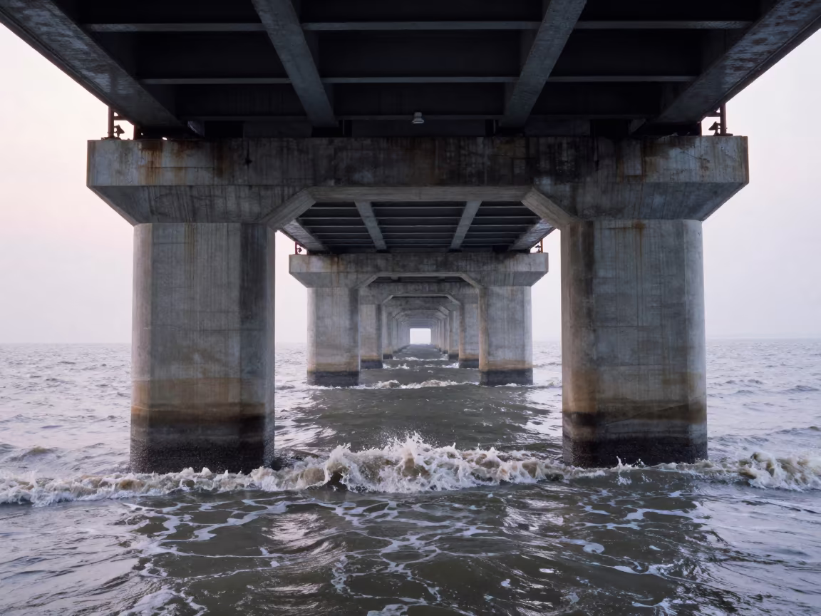 Dawn Tide Rushing Under Steel Bridge Pier Urumqi in beneath a bridge span in Urumqi