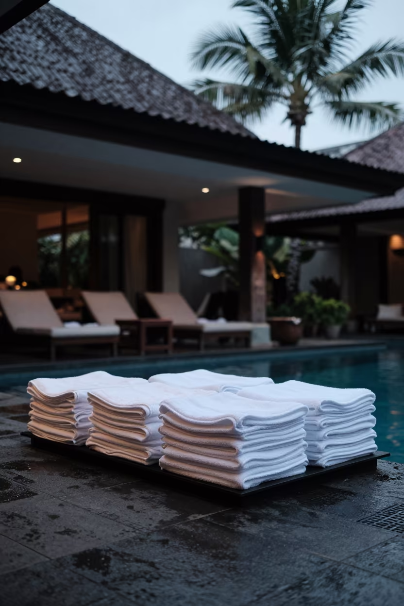 Dawn Towels Resort Pool Deck Bali in beneath a porte cochere at arrival in Denpasar