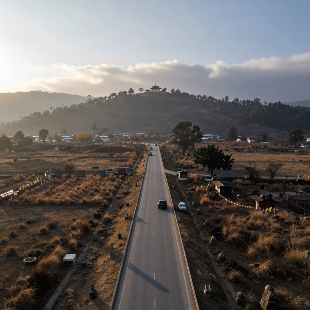 Dawn Traffic on Thimphu Causeway from Above in beside a summit cairn above the tree line near Thimphu