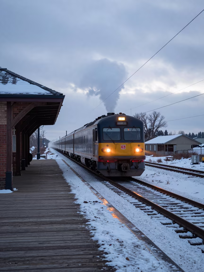 Dawn Train Arrival on Montana Winter Causeway in on a wind-open causeway in Montana