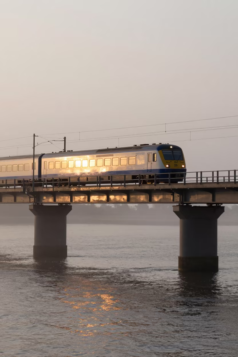 Dawn Train Crossing Misty Dutch Causeway Bridge in on a wind-open causeway in Netherlands
