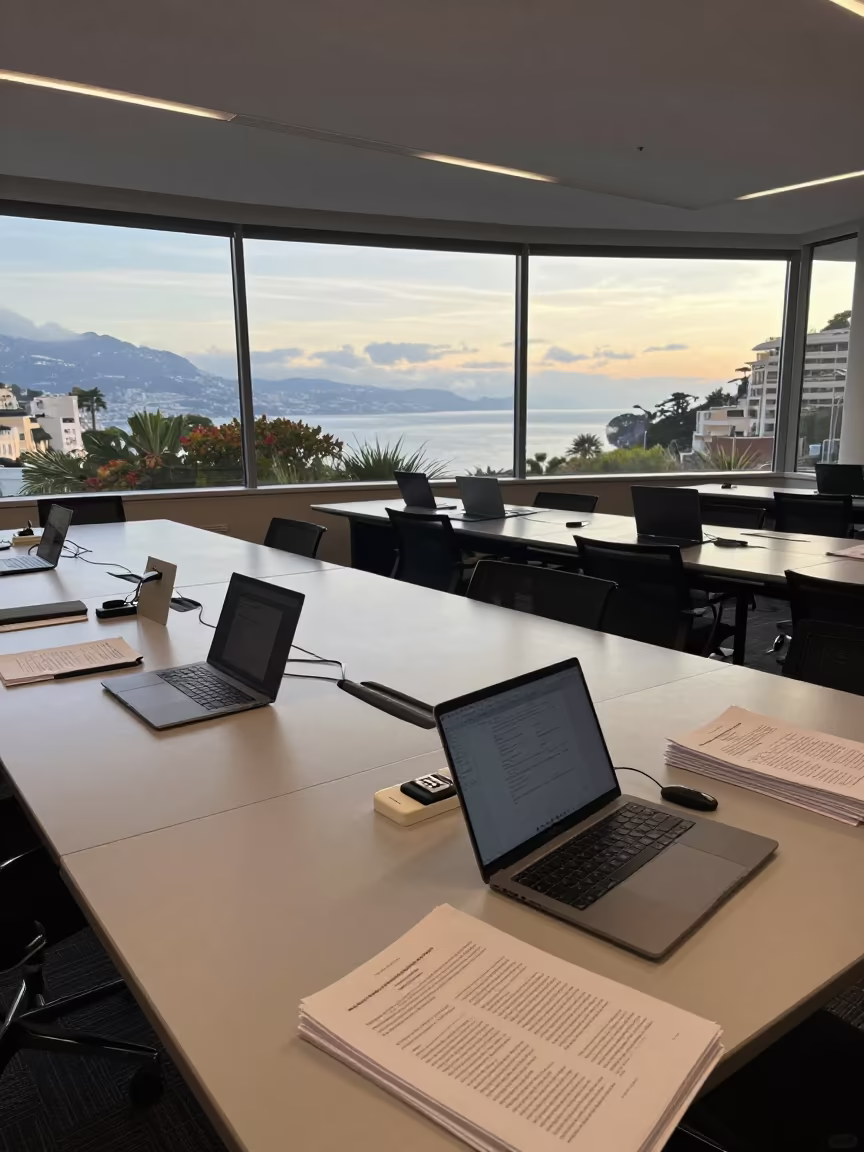 Dawn Training Lab Monaco with Laptops and Exercises in inside a conference room in Monaco