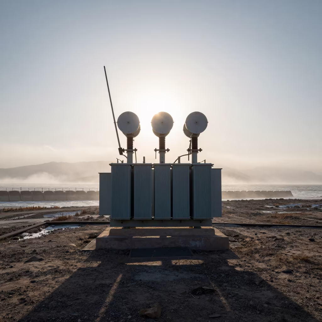 Dawn Transformer on Turkmenistan Bluff in beside a storm surge barrier in Turkmenistan