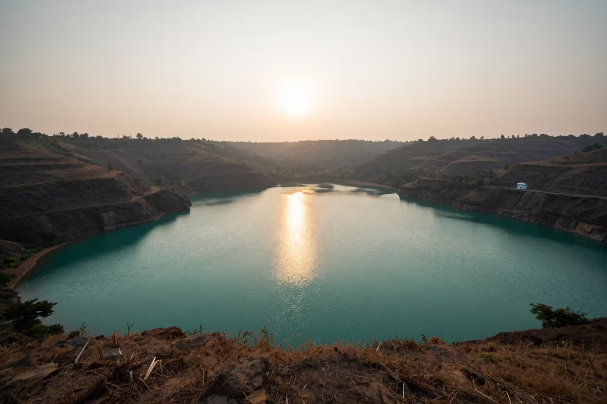 Dawn Turquoise Lagoon Over Tamil Nadu Foothills in from a ridge above layered foothills in Tamil Nadu