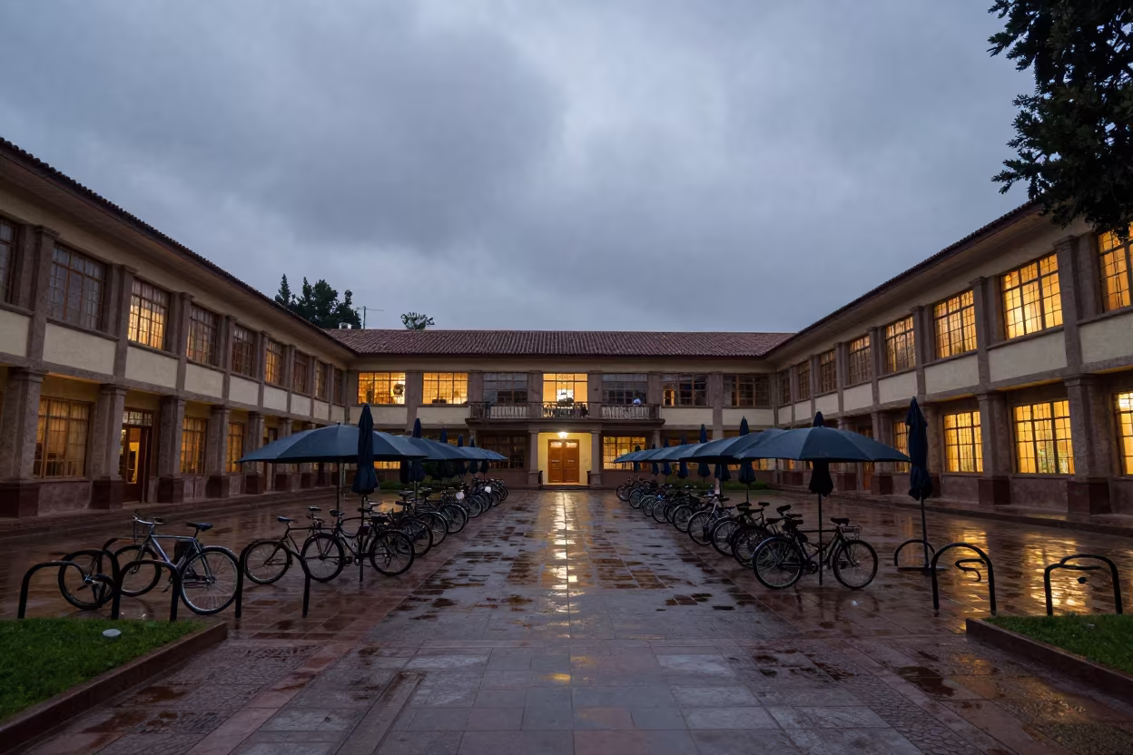 Dawn Umbrellas Campus San Luis Potosí Courtyard in beside campus bike racks at dawn in San Luis Potosí