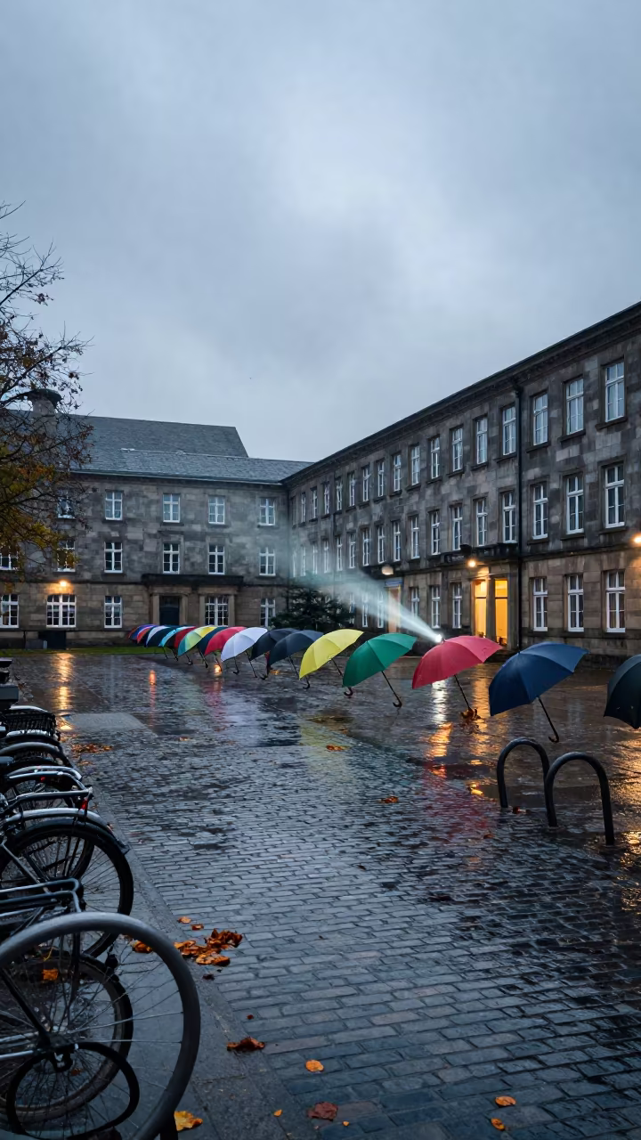 Dawn Umbrellas in Coventry University Courtyard in beside campus bike racks at dawn in Coventry