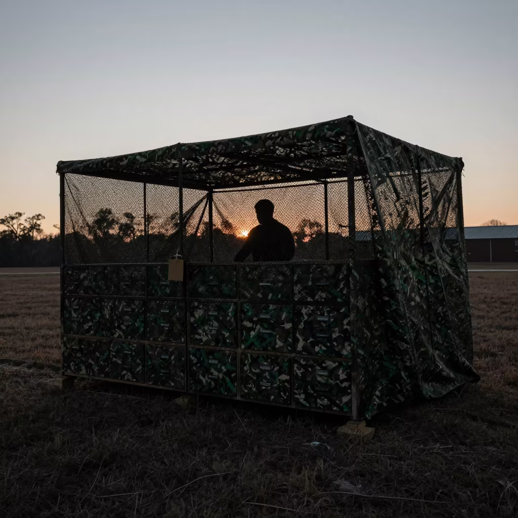 Dawn Uniform Patch Drawer Silhouette Under Camo Net in beneath a camouflage net shelter in Indiana