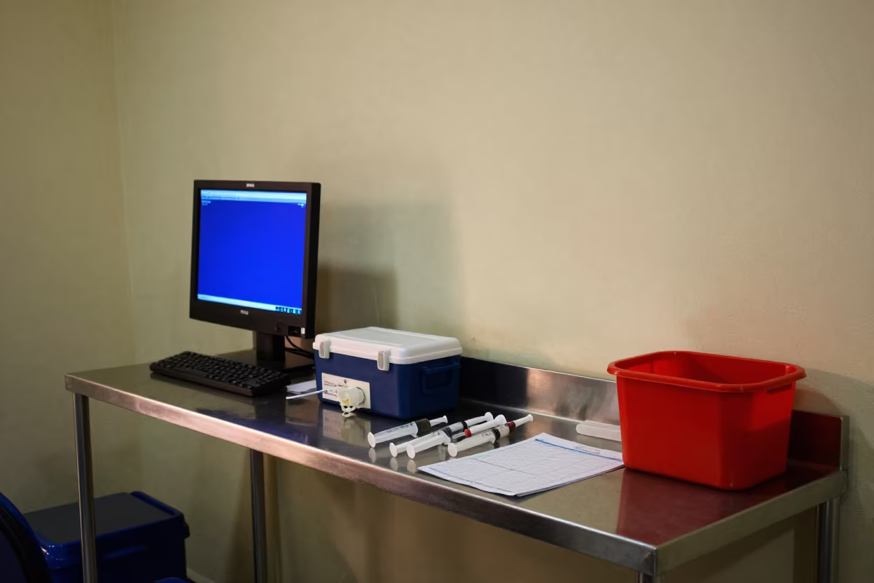 Dawn Vaccination Room Cairo Nurse Station in at a nurse station under monitor glow in Cairo