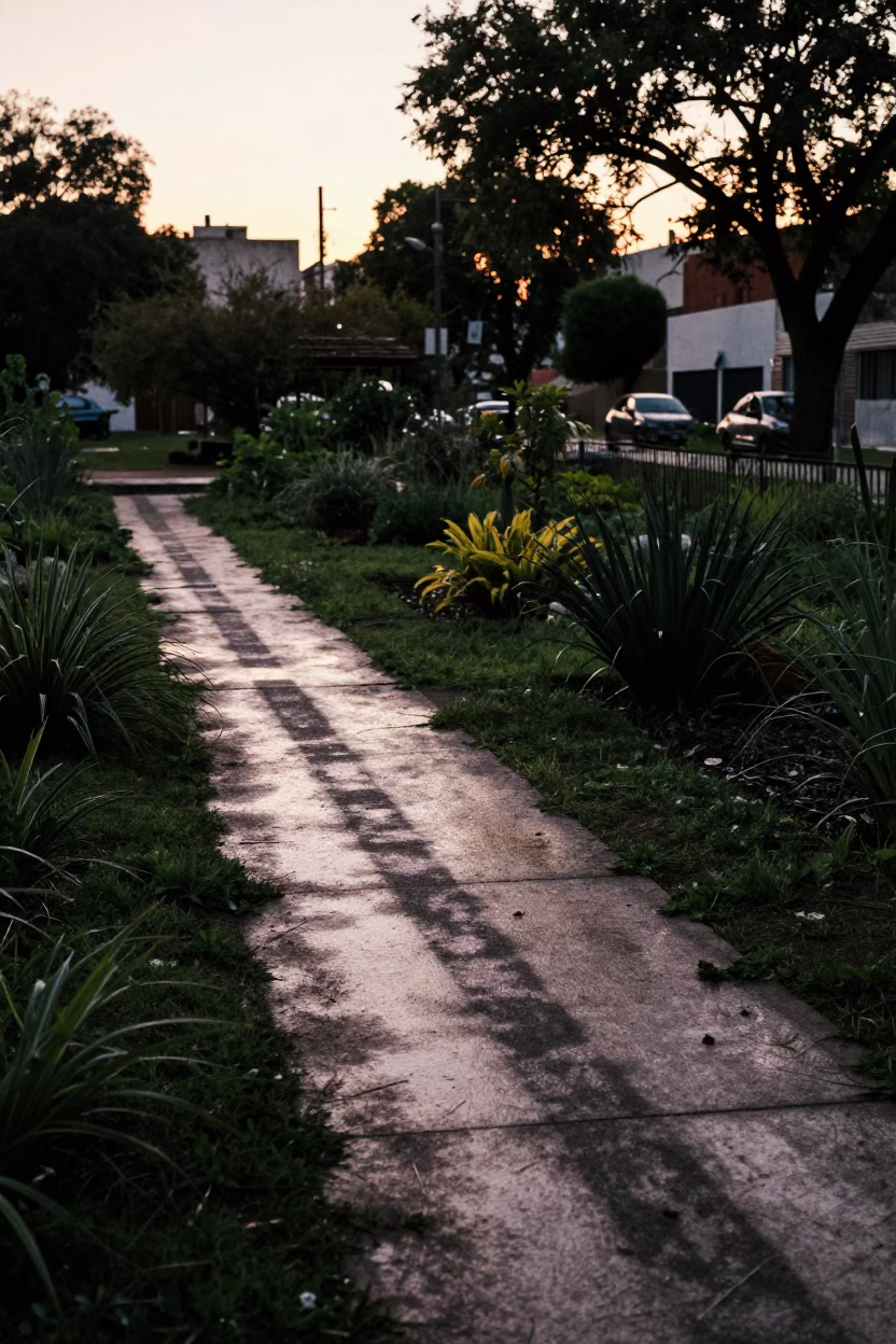 Dawn Viaduct Shadow Cutting Across Rain-Washed Allotment Gardens in Buenos Aires Before Sunrise in in Buenos Aires, Argentina