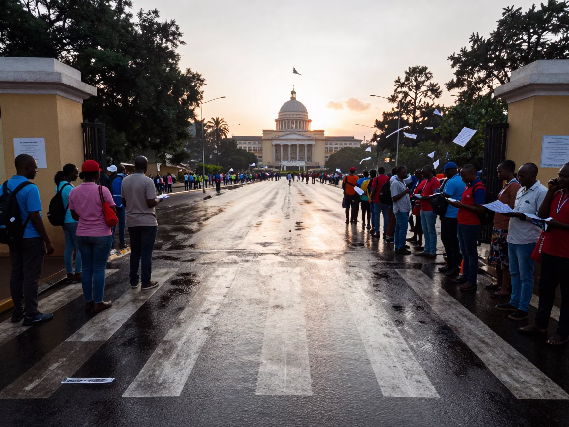 Dawn Voter Check-In at Nairobi School Gate in at a crosswalk by a school gate in Nairobi