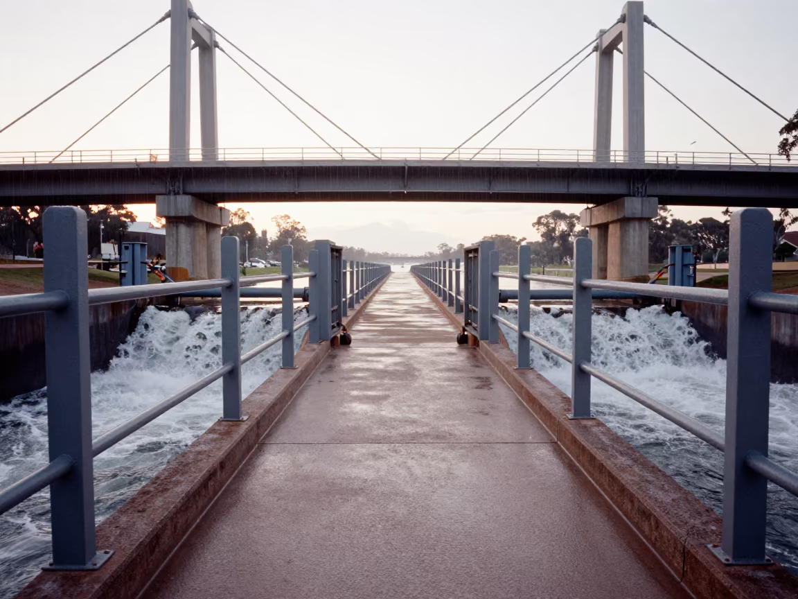 Dawn Walkway Over Steel Gates Northern Territory in under a cable-stayed bridge span in Northern Territory
