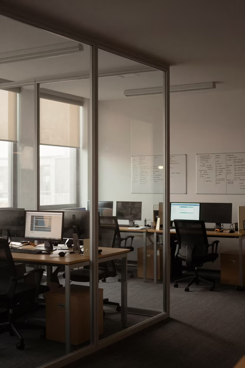 Dawn War Room Office Systems Glass Partition in inside an open-plan office bay near Lower East Side, New York