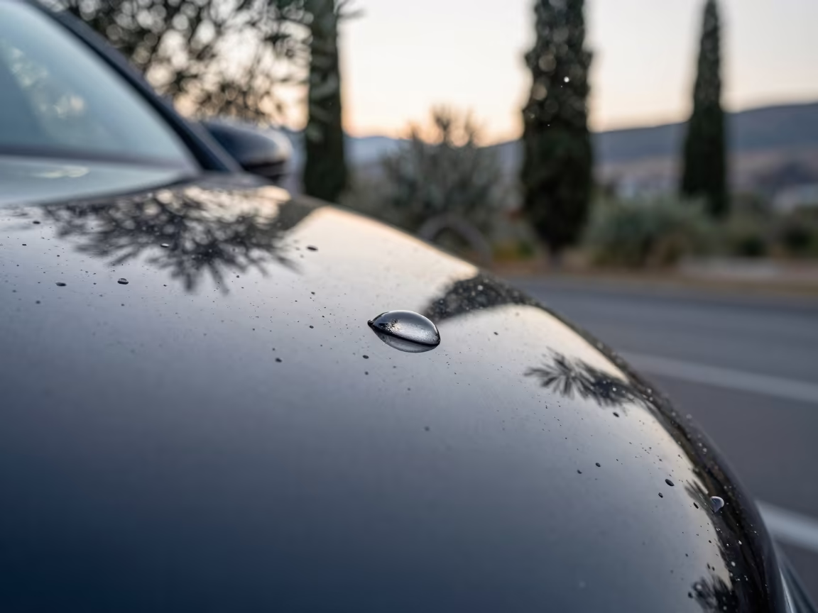Dawn Water Droplet Reflects Izmir Trees in along a switchback approach near Izmir