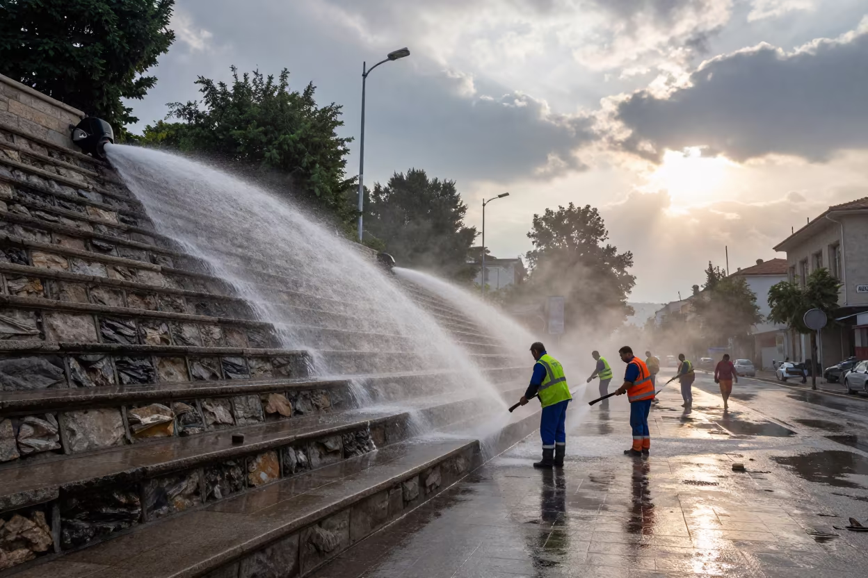 Dawn Water Uphill Pristina Market Street in beneath government building floodlights in Pristina