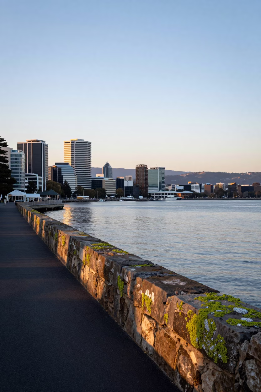 Dawn Waterfront in Hobart at First Light Of Dawn in in Hobart, Tasmania, Australia