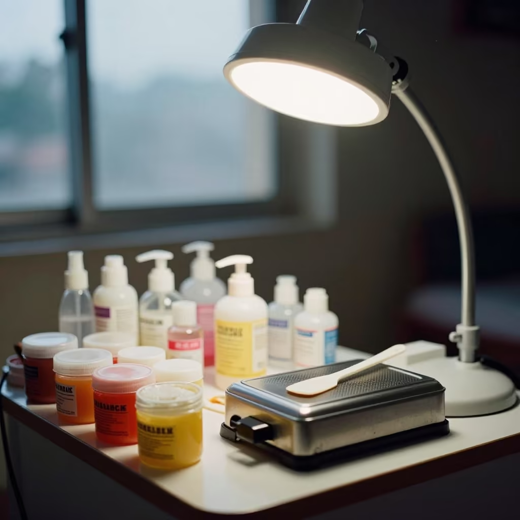 Dawn Wax Station with Product Clutter in in a beauty supply area under white LEDs near Visakhapatnam