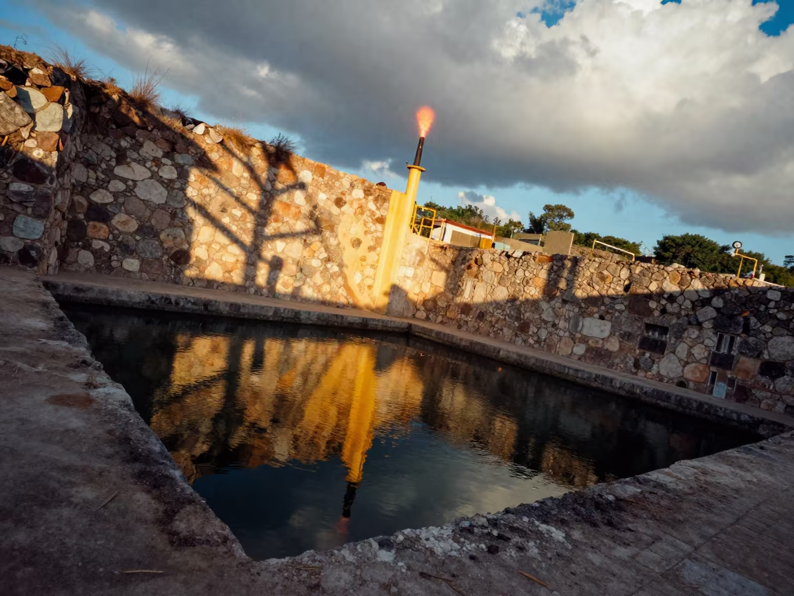 Dawn Welding Flare Reflects Quarry Water Sump Walls in near San Francisco de Campeche
