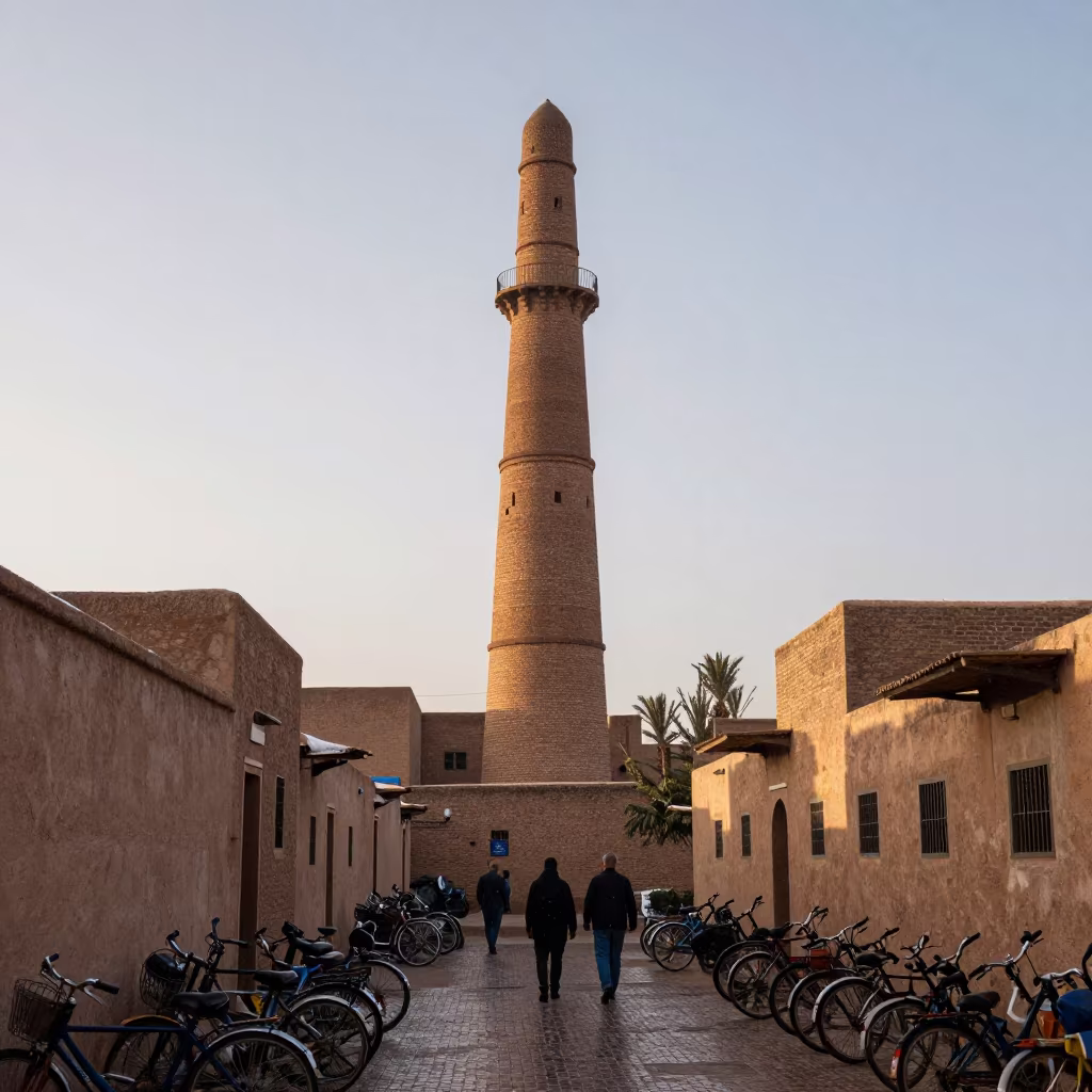 Dawn Whistle Tower Over Bicycles in Ouarzazate in in the old quarter in Ouarzazate