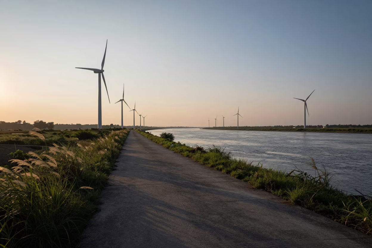 Dawn Wind Farm Crane Along Nagaland River Levee in along a levee path above floodwater in Nagaland