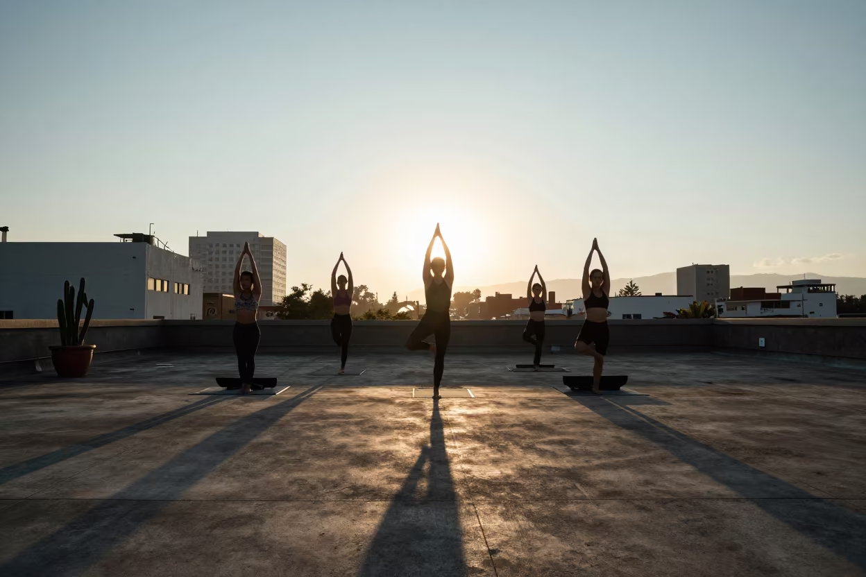 Dawn Yoga on Juarez Rooftop Rim Light in at a harbor edge in Juarez, Mexico City