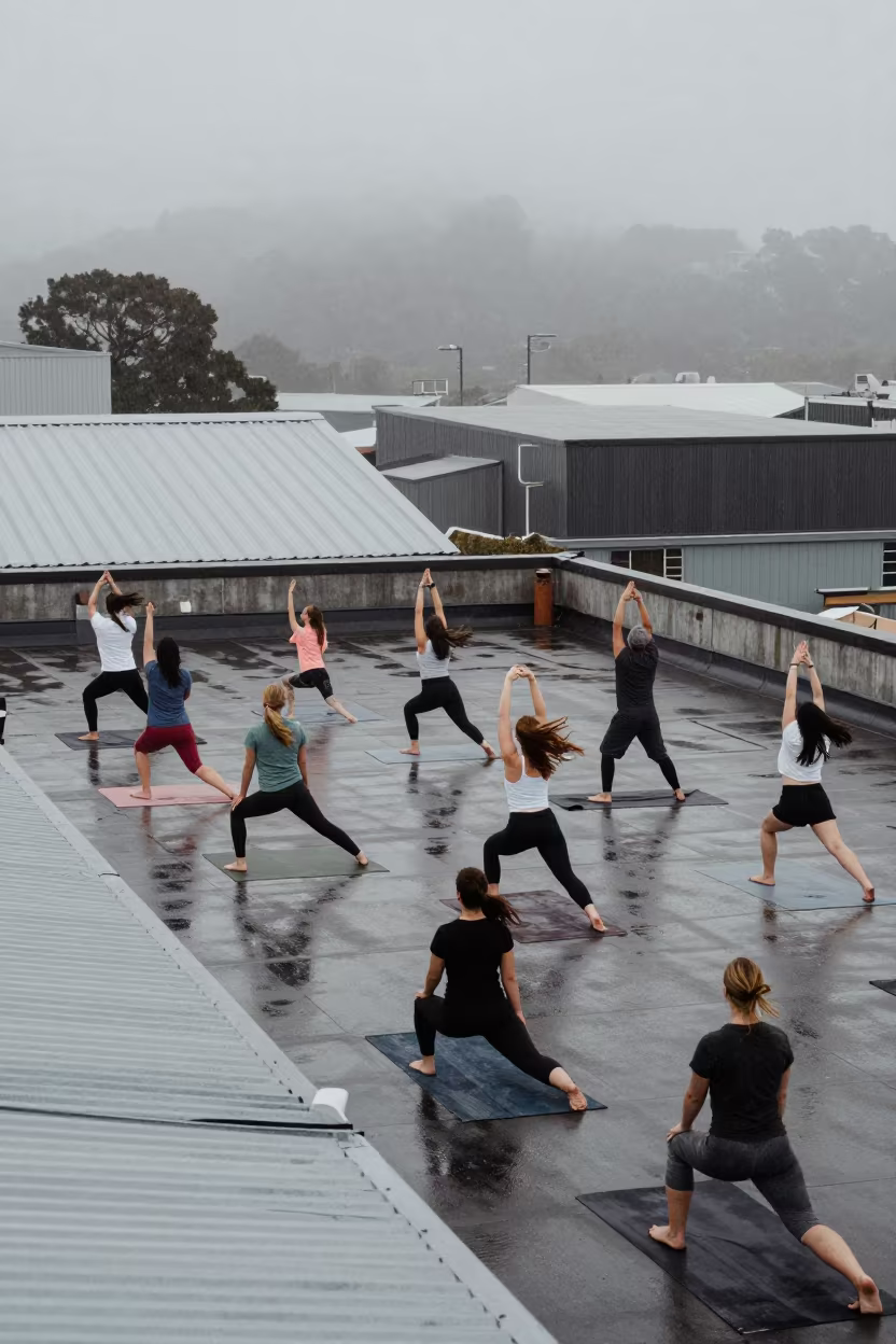 Dawn Yoga Class Rooftop Lower Hutt Monsoon Mist in in Lower Hutt