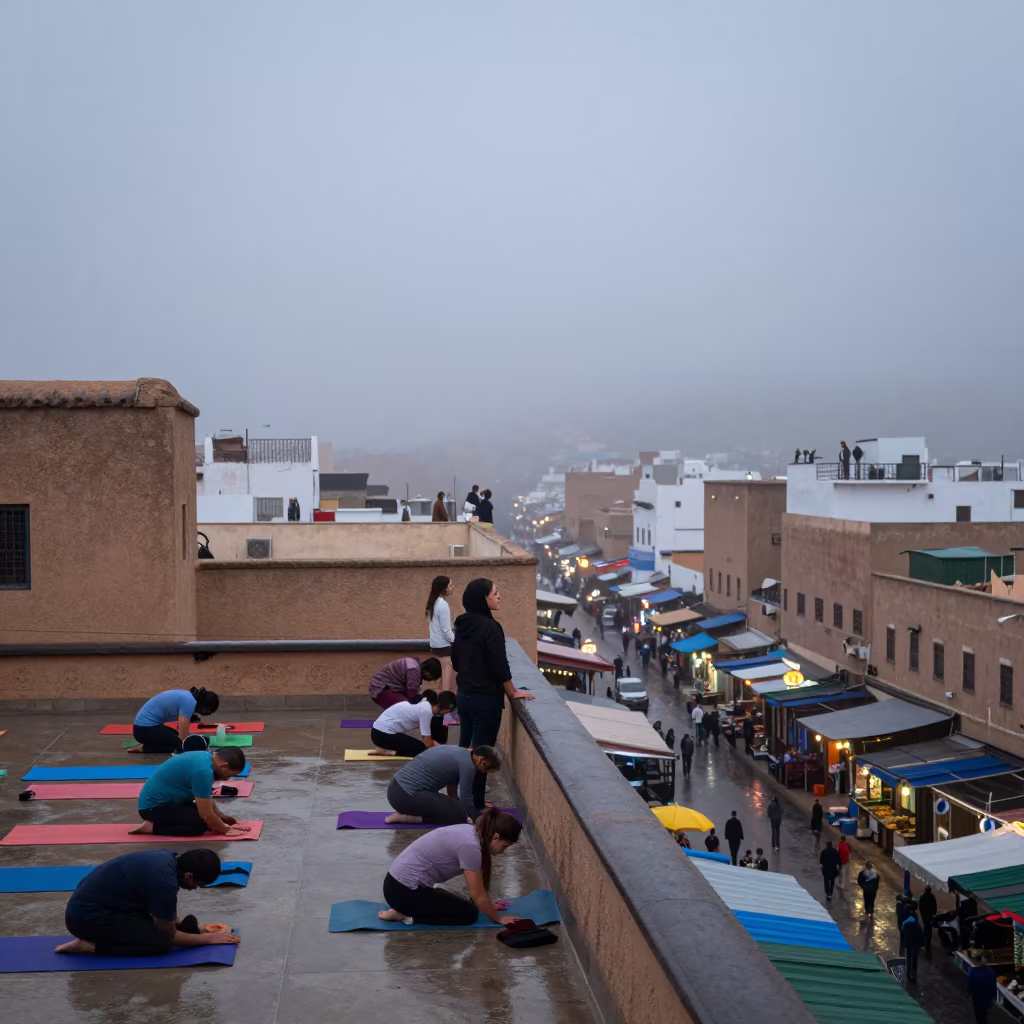 Dawn Yoga Class on Settat Rooftop Amid Mist in along a market lane in Settat