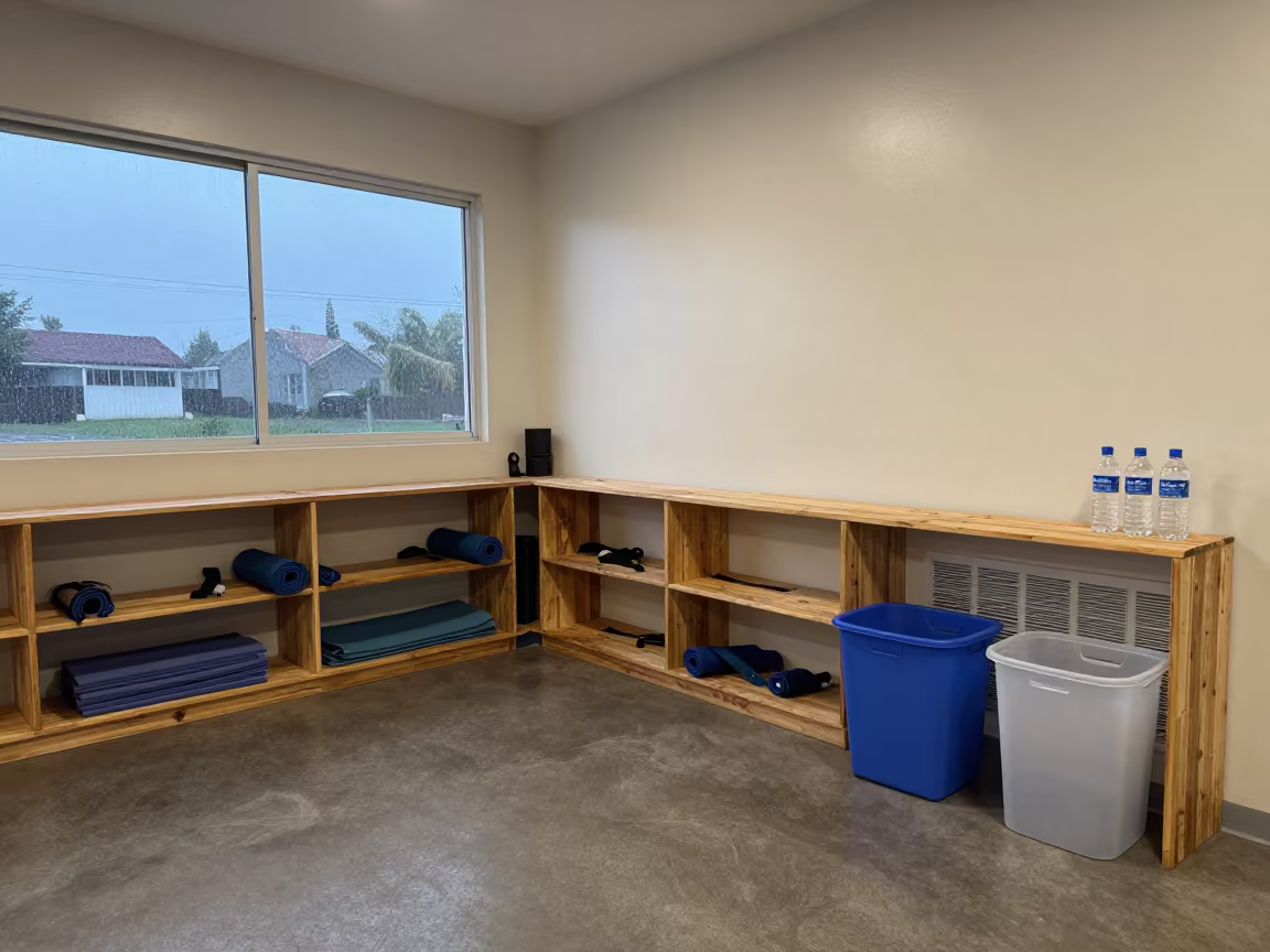 Dawn Yoga Shelf with Bottles and Straps in inside a spin studio under class lights near Minatitlán