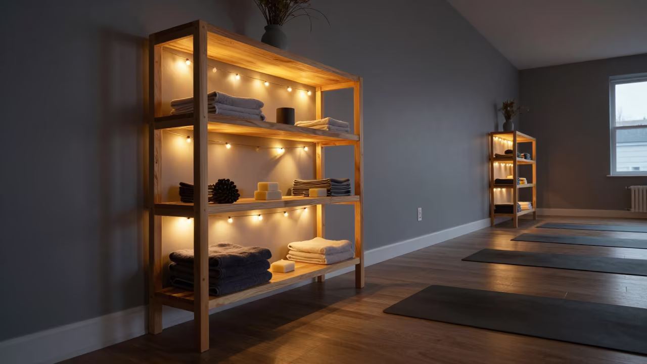 Dawn Yoga Shelf With Soft String Light Glow in inside a yoga studio before the session begins in Bristol