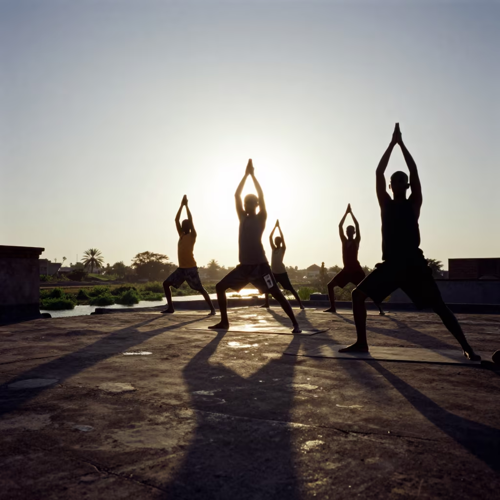Dawn Yoga on Sokoto Rooftop Beside Canal in beside a canal in Sokoto