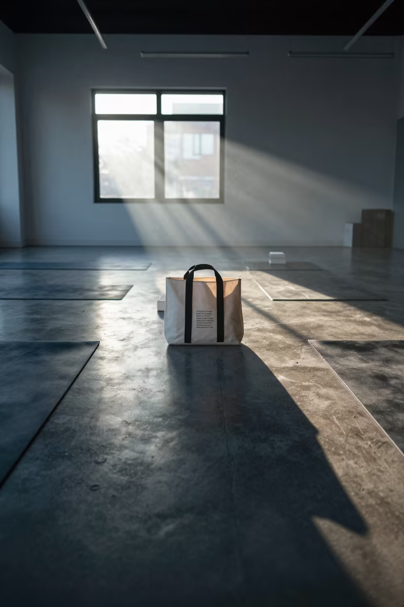 Dawn Yoga Studio Tote with Safety Checks in inside a yoga studio before the session begins in Bern