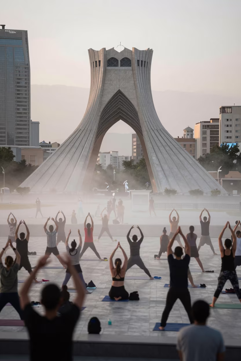 Dawn Yoga on Tehran Rooftop with Fog in at a public square in Vali-e Asr, Tehran