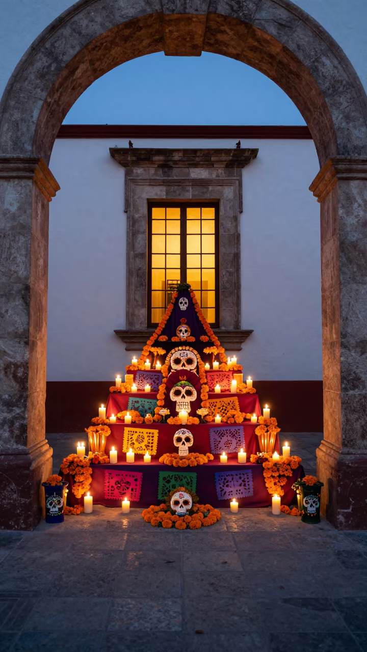 Day of the Dead Altar Candlelight Oaxaca Temple in in a temple courtyard in Oaxaca
