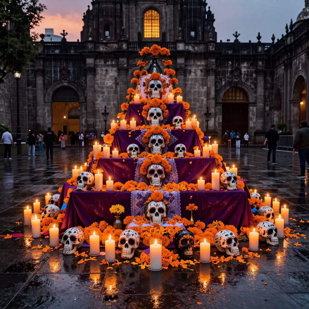 Day of Dead Altar with Hundreds of Candles in in a temple courtyard in Mexico City