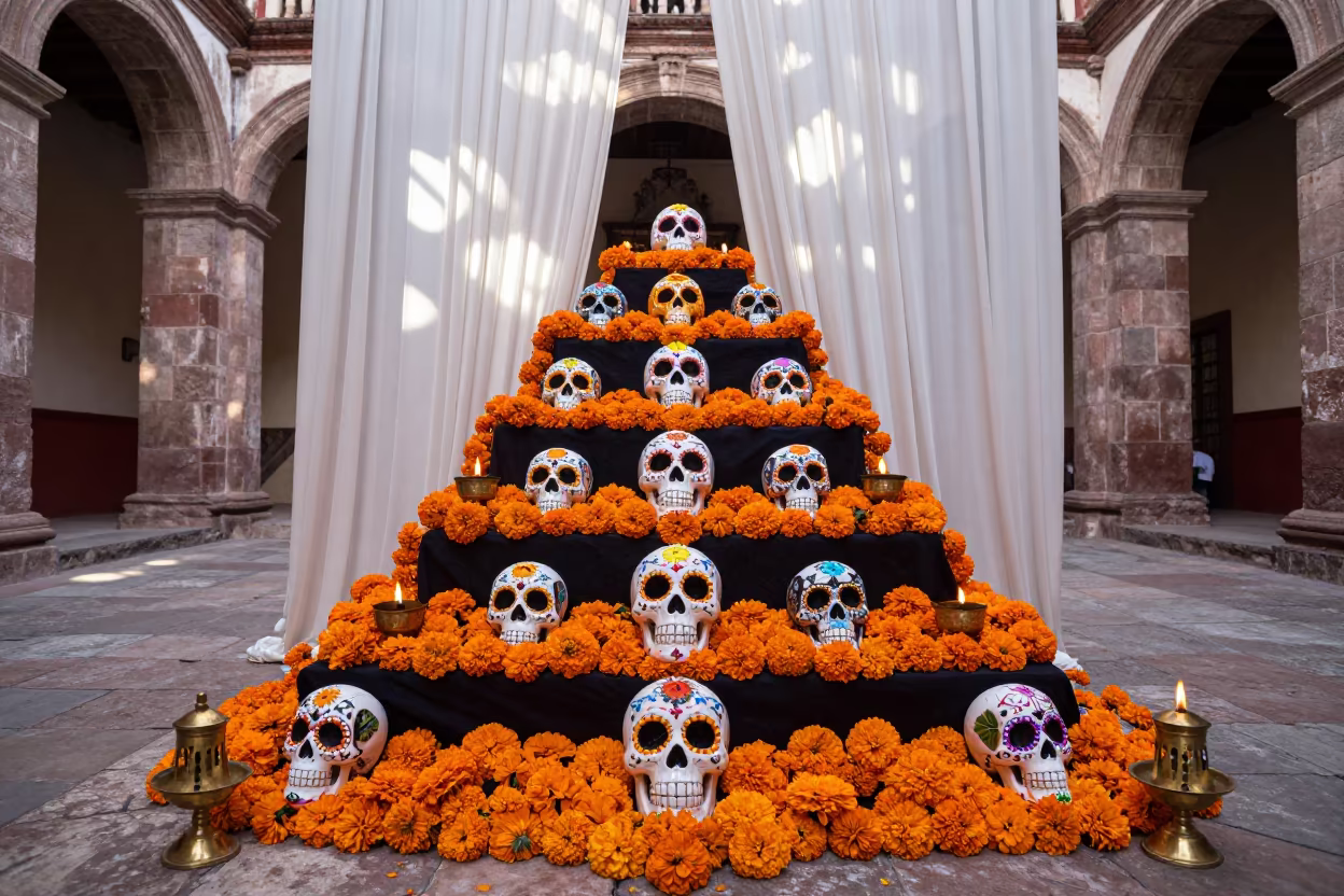 Day of the Dead Altar in Puebla Temple Courtyard in in a temple courtyard in Puebla