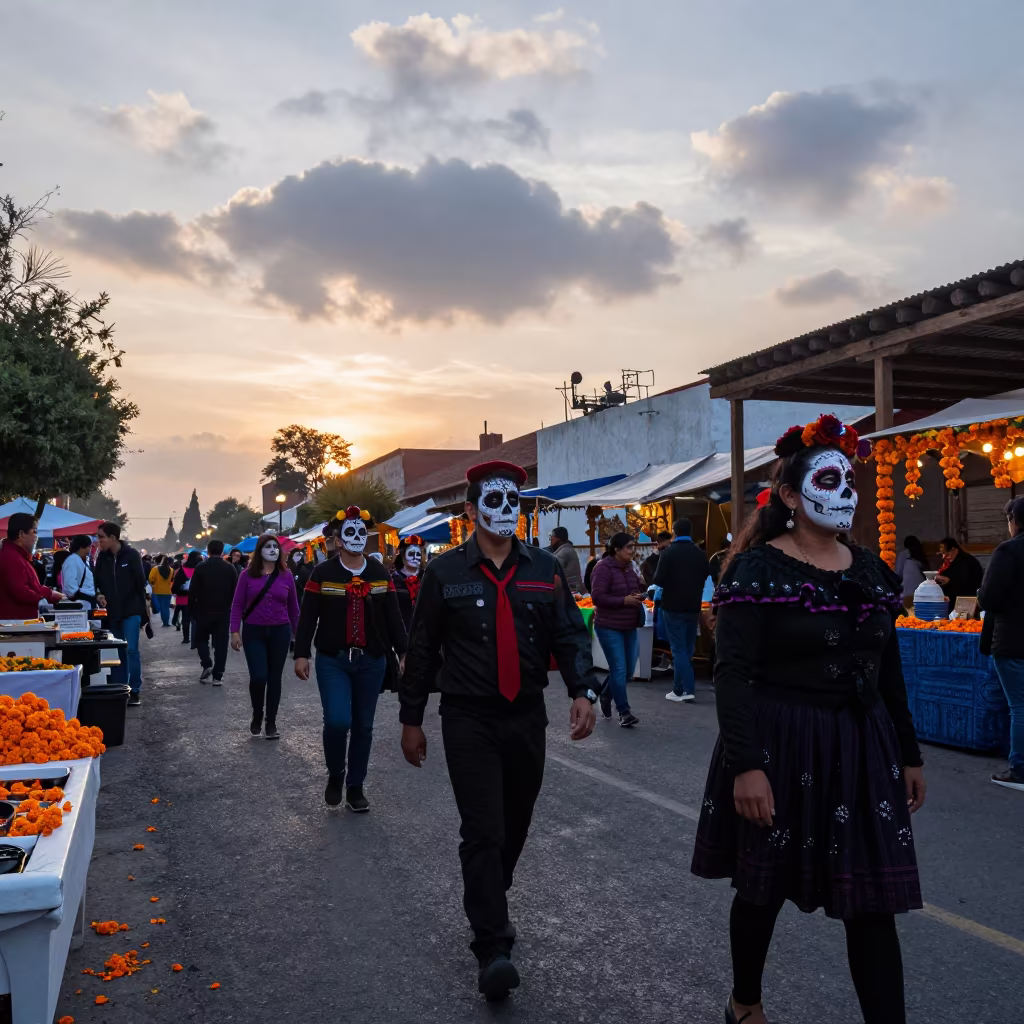 Day of the Dead Parade Faces at Mexico City Market Dawn in at a night market in Mexico City