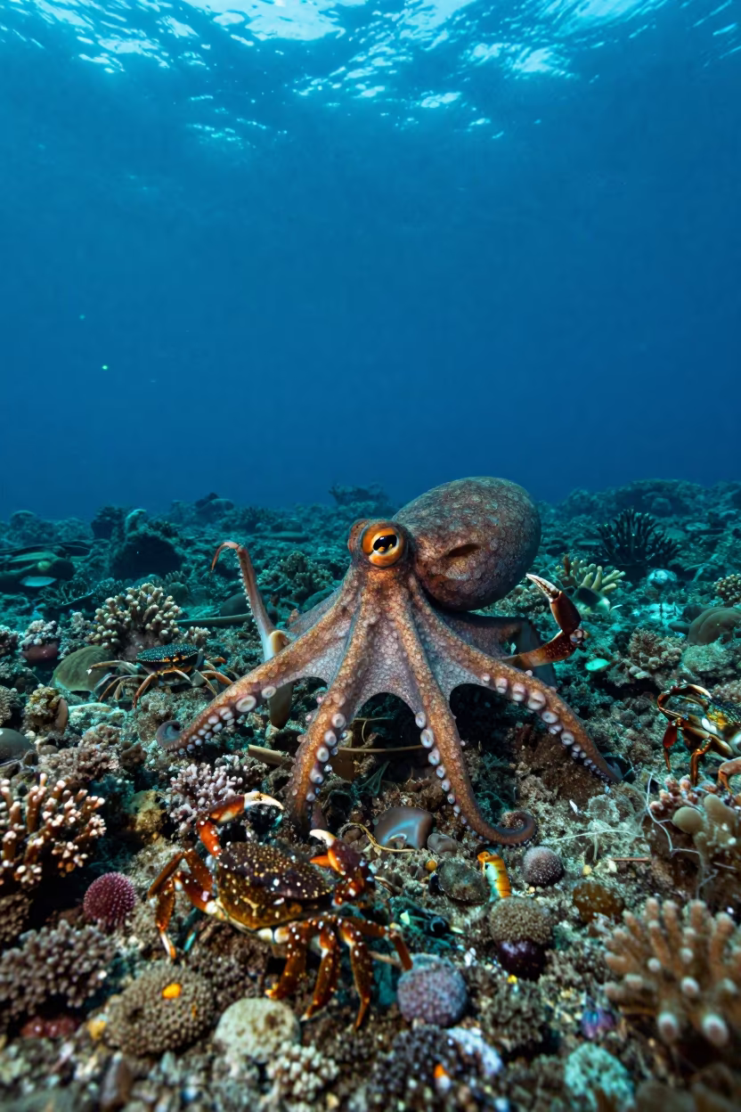 Day Octopus Hunting Crabs on Coral Rubble in along a coral wall with blue water beyond near Denpasar